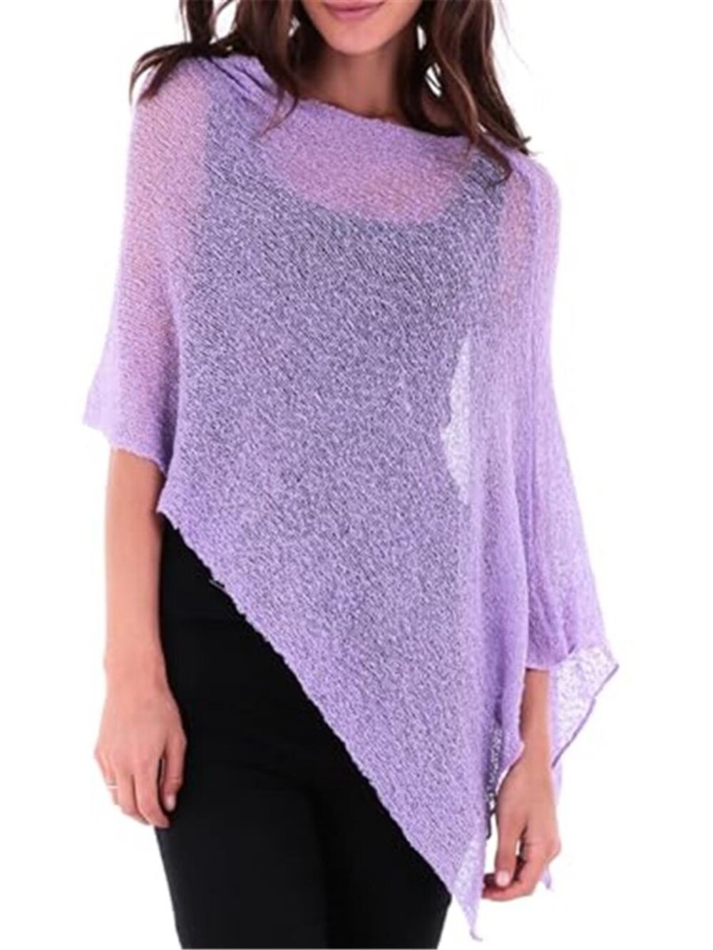 Womens Lavender Sheer Knit Poncho Shawl Swimsuit Cover Up Bolero Summer Sweater